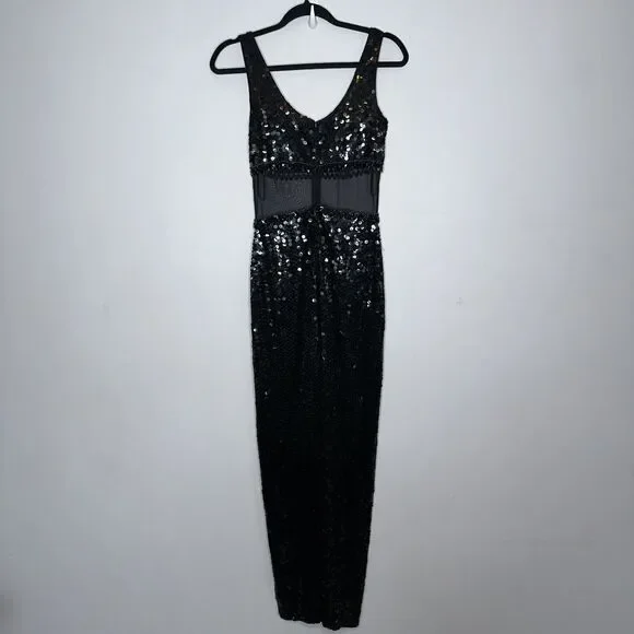 Cache Women’s Full Sequin Maxi Dress Thigh Slit Black Prom Vintage Y2K Size 2 - Picture 5 of 6